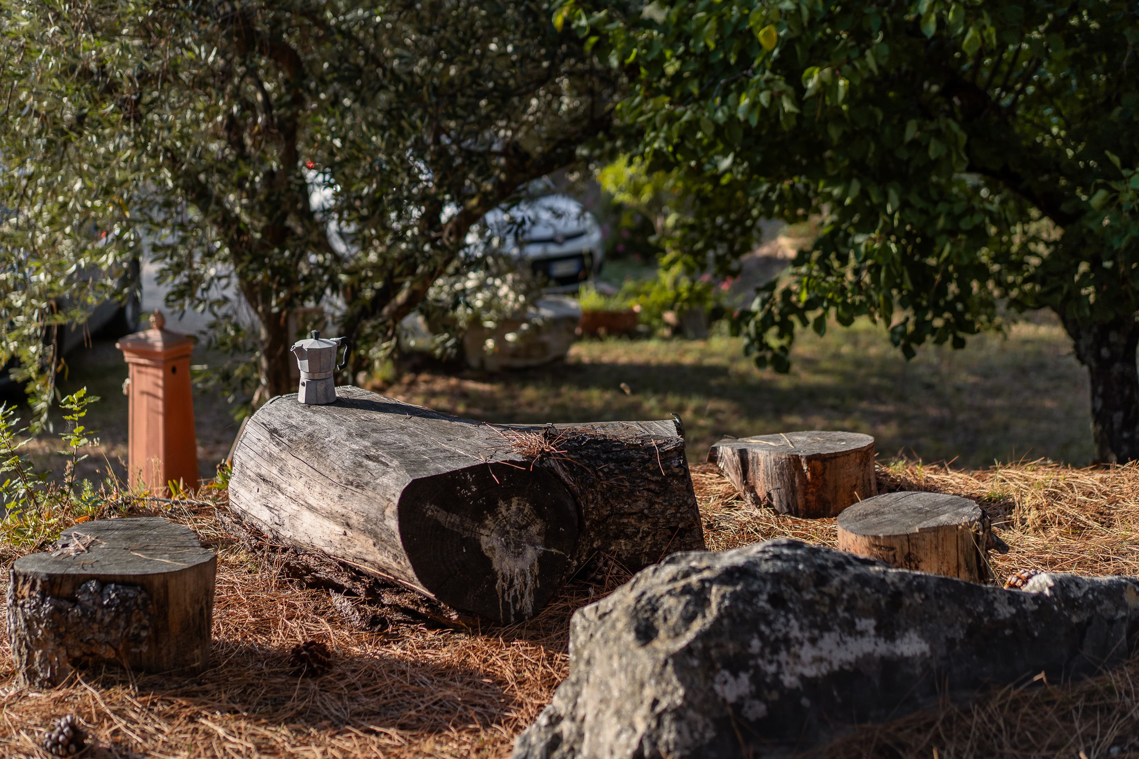 Angolo rustico — Sedute in legno e natura, per godersi un caffè all’aperto in totale tranquillità